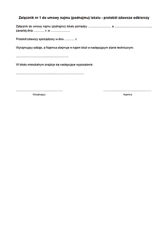 UNCLUP1 Załącznik nr 1 protokół zdawczo-odbiorczy do umowy najmu / podnajmu części lokalu użytkowego