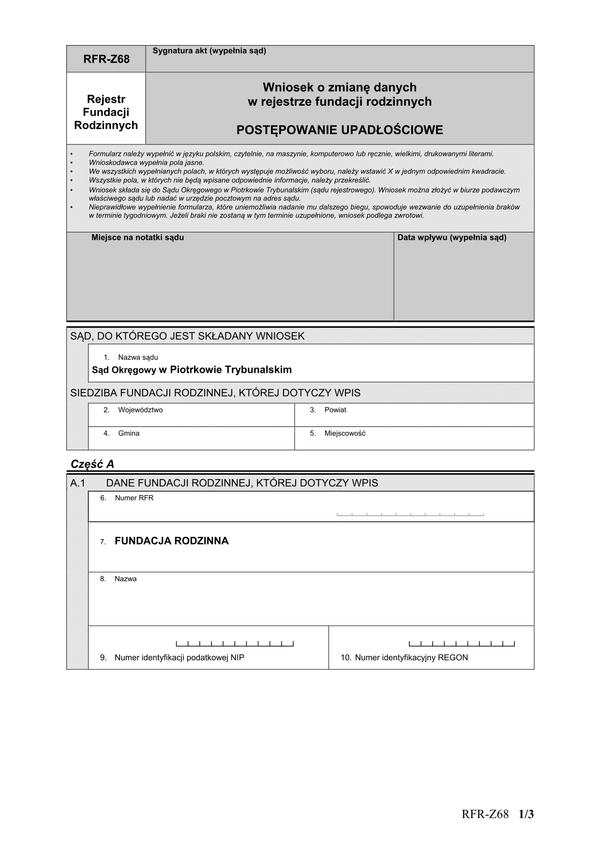 RFR-Z68 Wniosek o zmianę danych w rejestrze fundacji rodzinnych POSTĘPOWANIE UPADŁOŚCIOWE