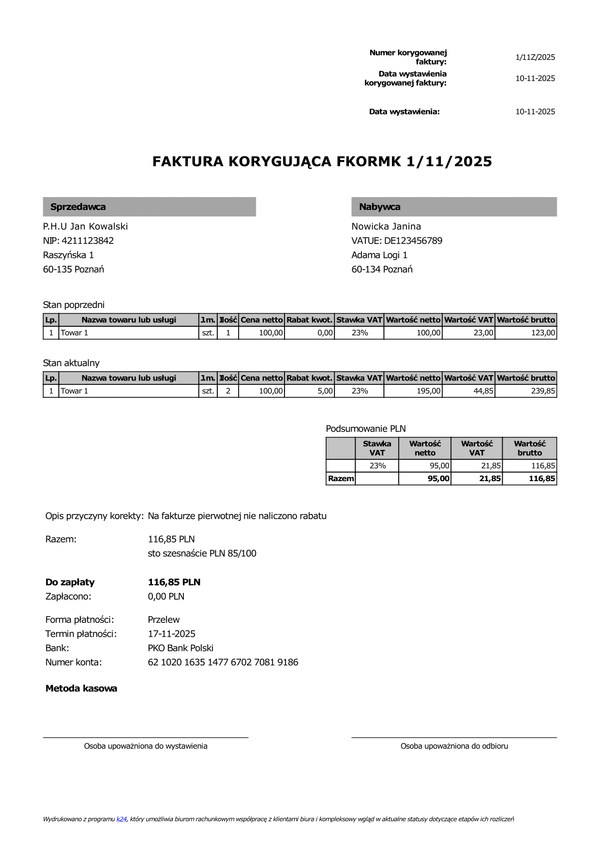 FKORMK Faktura korygująca metoda kasowa (zgodna z KSeF)