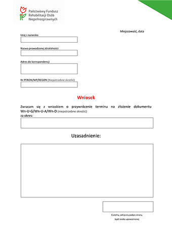 PFRON WoPTD Wniosek o przywrócenie terminu na złożenie dokumentu Wn-U-G/ Wn-U-A/ Wn-D