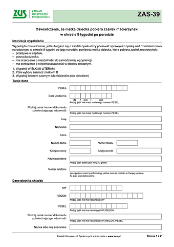 ZUS ZAS-39 Oświadczenie, że matka dziecka pobiera zasiłek macierzyński w okresie 8 tygodni po porodzie - wersja papierowa