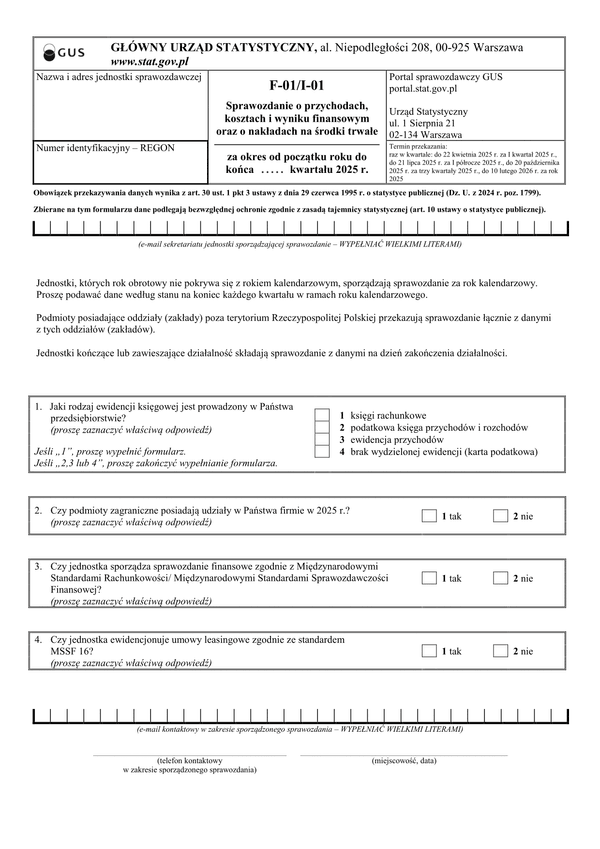 GUS F-01/I-01 sprawozdanie o przychodach, kosztach i wyniku finansowym oraz o nakładach na środki trwałe