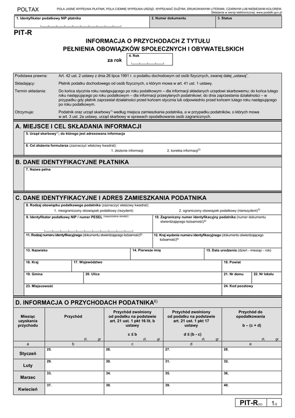 PIT-R (22) (2025) Informacja o wypłaconych podatnikowi kwotach z tytułu pełnienia obowiązków społecznych i obywatelskich (PIT-R / PIT-RZ)