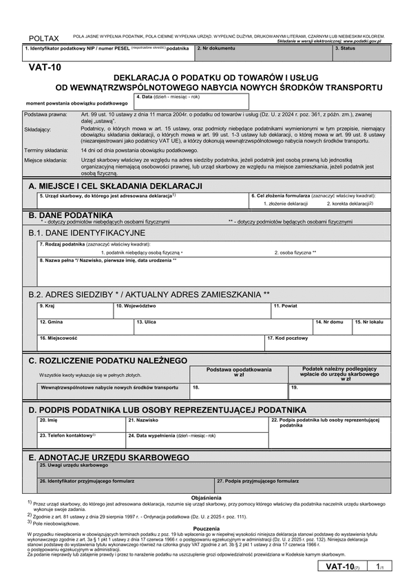 VAT-10 (7) Deklaracja dla podatku od towarów i usług przy wewnątrzwspólnotowym nabyciu nowych środków transportu