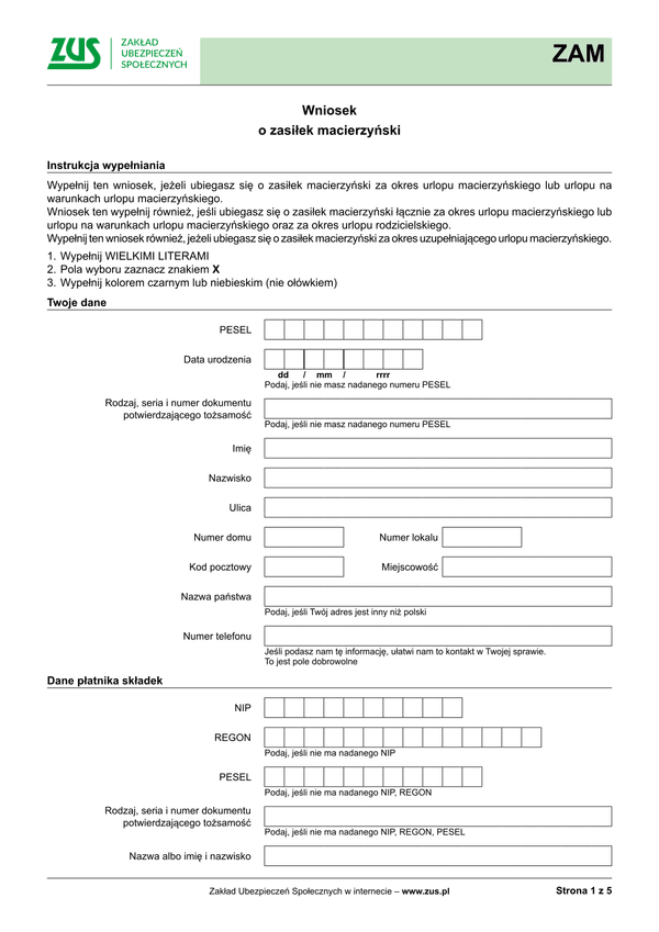 ZUS ZAM Wniosek o zasiłek macierzyński