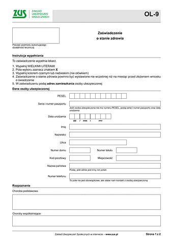 ZUS OL-9 Zaświadczenie o stanie zdrowia