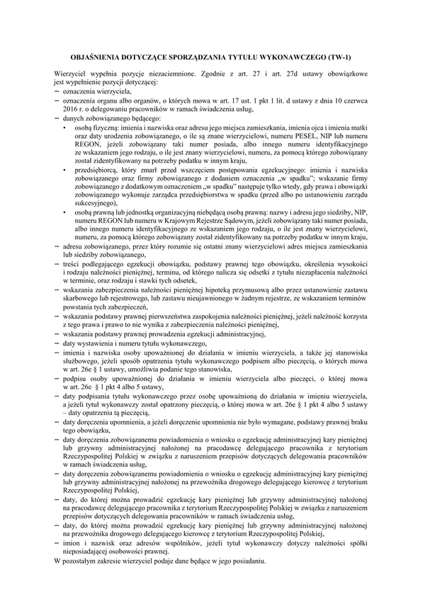 TW-1 Objaśnienia dotyczące sporządzania tytułu wykonawczego