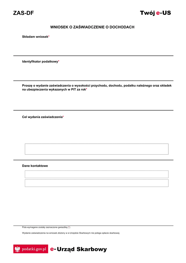 ZAS-DF (e-Urząd Skarbowy) Zaświadczenie o wysokości dochodu podatnika w PIT
