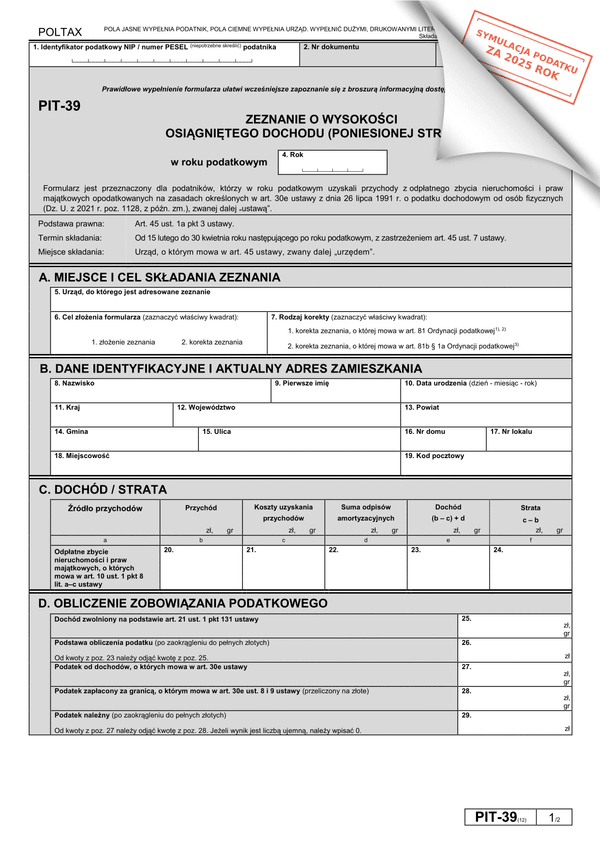 PIT-39 (12) (2025) Zeznanie o wysokości osiągniętego dochodu (poniesionej straty)