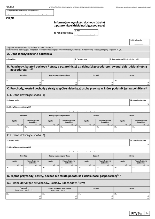 PIT/B (22) (2025) Informacja o wysokości dochodu (straty) z pozarolniczej działalności gospodarczej