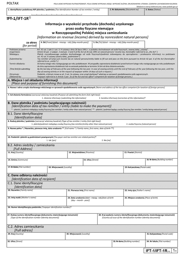 IFT-1R (18) (2025) Informacja o wysokości przychodu (dochodu) uzyskanego przez osoby fizyczne niemające w Polsce miejsca zamieszkania