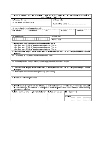 WUZP Wniosek o udzielenie/zmianę pozwolenia na odroczenie terminu płatności należności celnych