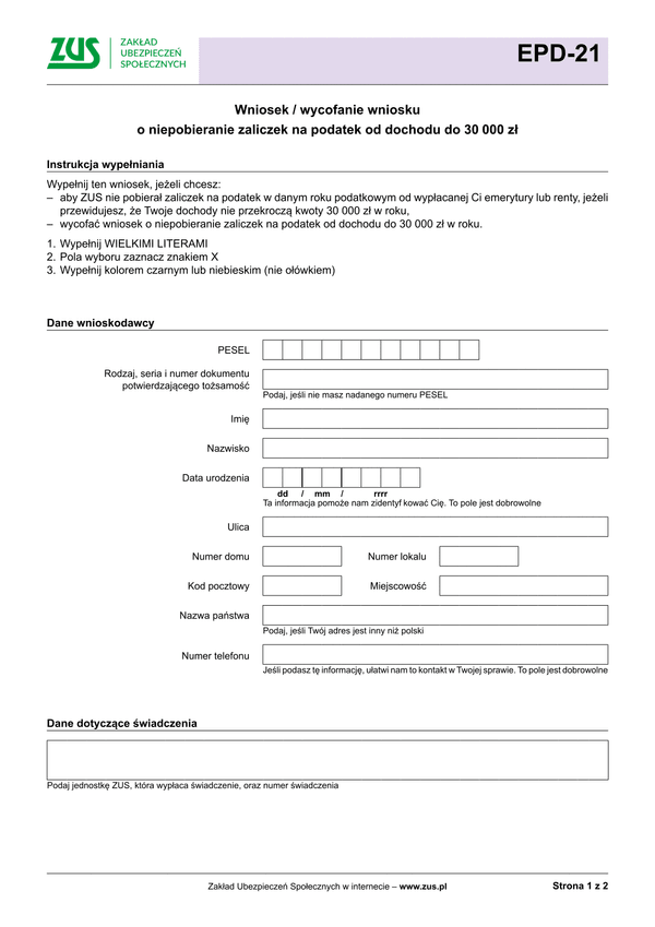 ZUS EPD-21 Wniosek / wycofanie wniosku o niepobieranie zaliczek na podatek od dochodu do 30 000 zł