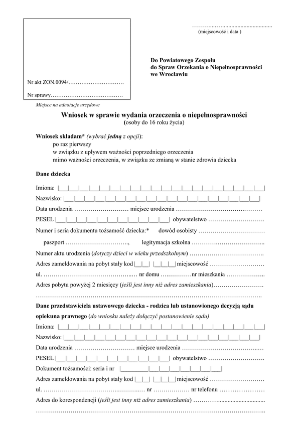 WowSNWr Wniosek o wydanie orzeczenia o stopniu niepełnosprawności (do 16 lat) - Wrocław