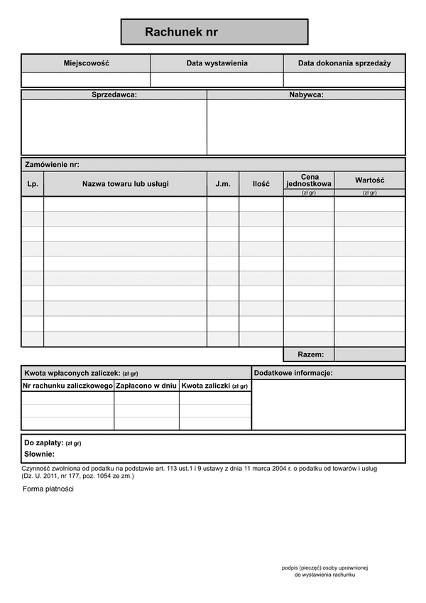 RACH(Konc) Rachunek końcowy (do sprzedaży bez VAT) 10 pozycji