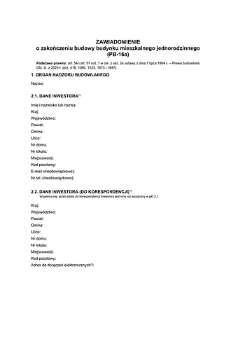 PB-16a Zawiadomienie o zakończeniu budowy budynku mieszkalnego jednorodzinnego