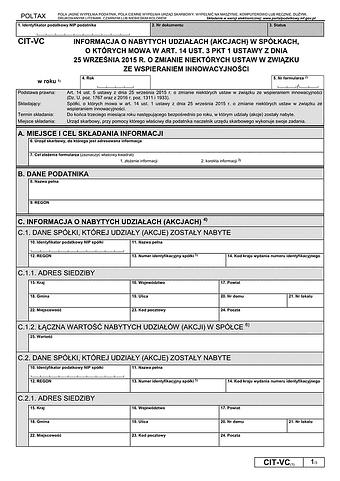 CIT-VC (1) Informacja o nabytych udziałach (akcjach) w spółkach, o których mowa w art. 14 ust. 3 pkt 1 ustawy z dnia 25 września 2015 r. o zmianie niektórych ustaw w związku ze wspieraniem innowacyjności