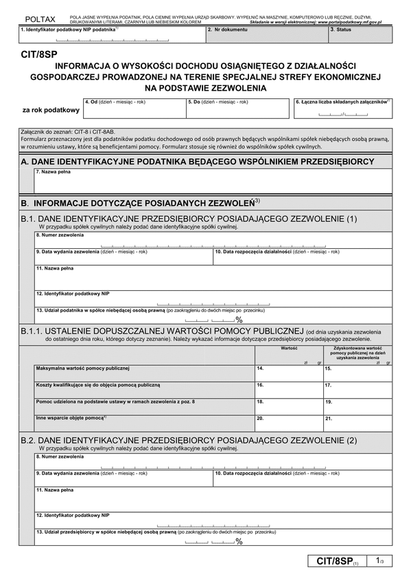 CIT/8SP (1) (archiwalny) Informacja o wysokości dochodu osiągniętego z działalności gospodarczej prowadzonej na terenie specjalnej strefy ekonomicznej na podstawie zezwolenia