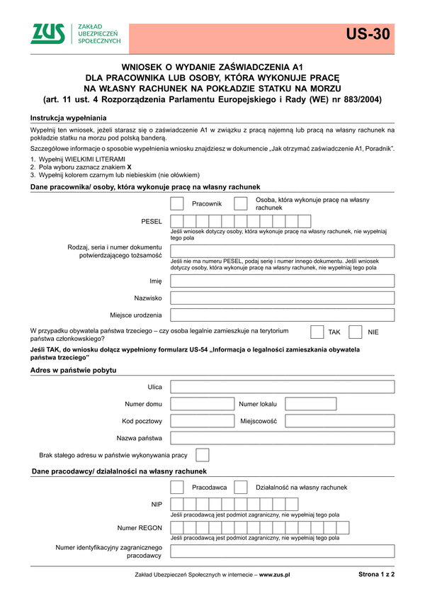 ZUS US-30 (archiwalny) Wniosek o zaświadczenie A1 - osoba zatrudniona na pokładzie statku