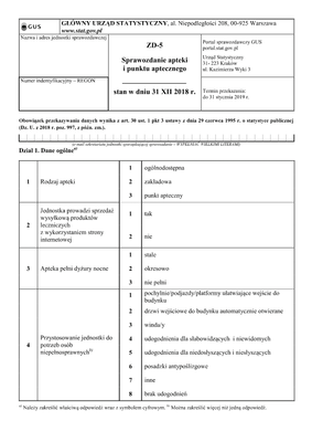 GUS ZD-5 (2018) (archiwalny) Sprawozdanie apteki i punktu aptecznego stan w dniu 31 XII 2018 r.