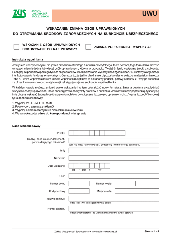ZUS UWU (archiwalny) Wskazanie/zmiana osób uprawnionych do otrzymania środków zgromadzonych na subkoncie ubezpieczonego
