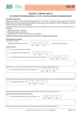 ZUS US-35 Wniosek o zmianę danych zawartych w wydanym formularzu A1/E101 lub anulowanie zaświadczenia - wersja papierowa