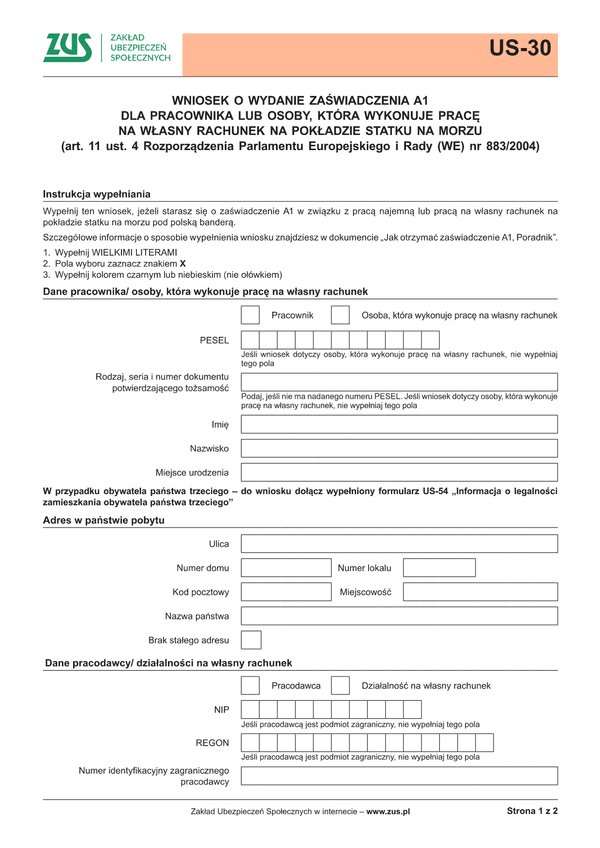 ZUS US-30 (archiwalny) Wniosek o zaświadczenie A1 - osoba zatrudniona na pokładzie statku - wersja papierowa