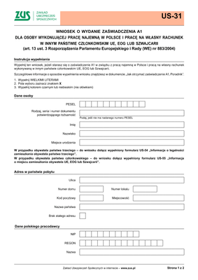 ZUS US-31 Informacja w celu wydania zaświadczenie o ustawodawstwie dotyczącym zabezpieczenia społecznego mającym zastosowanie do osoby uprawnionej - wersja papierowa