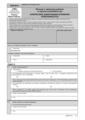 KRS-W12 (archiwalny) Wniosek o rejestrację podmiotu w rejestrze przedsiębiorców - europejskie zgrupowanie interesów gospodarczych