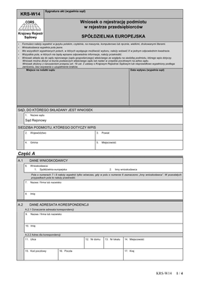 KRS-W14 (archiwalny) Wniosek o rejestrację podmiotu w rejestrze przedsiębiorców - spółdzielnia europejska