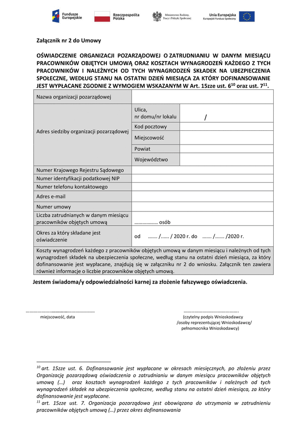PSZ-DKWO Ośw (archiwalny) Oświadczenie organizacji pozarządowej o zatrudnieniu w danym miesiącu pracowników objętych umową oraz kosztach wynagrodzeń i należnych składek na ubezpieczenia społeczne (Covid-19 koronawirus)