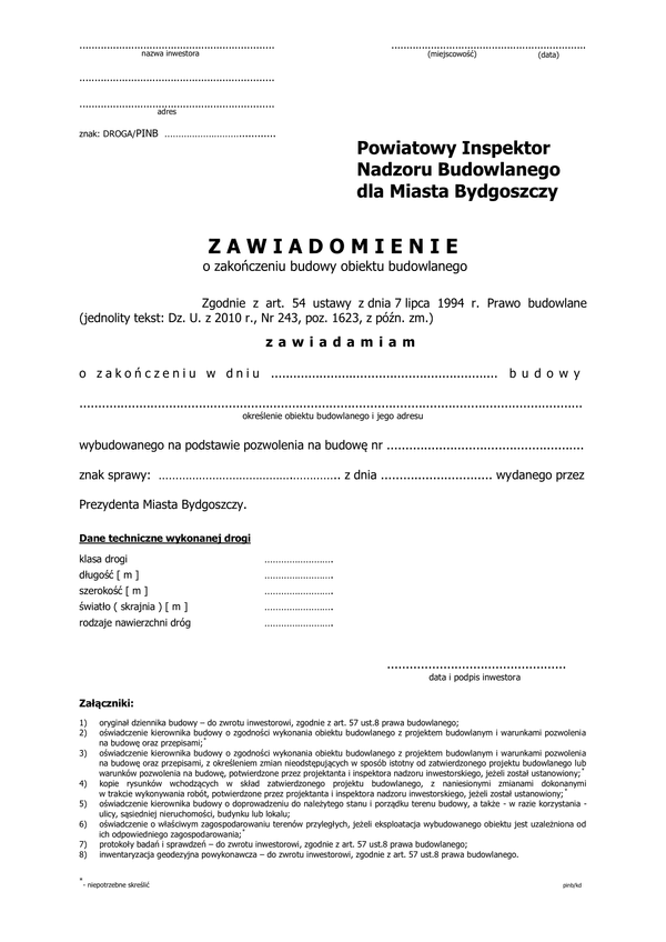 ZZB-mB (d) (archiwalny) Zawiadomienie o zakończeniu budowy drogi miasto Bydgoszcz