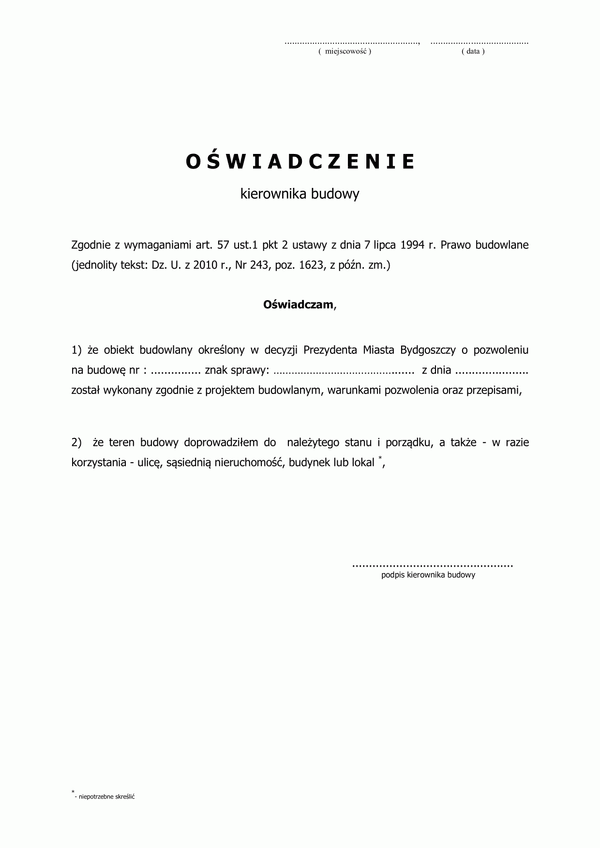 OKBZRBZ-B(P) Oświadczenie kierownika budowy o zakończeniu robót budowlanych bez zmian Bydgoszcz