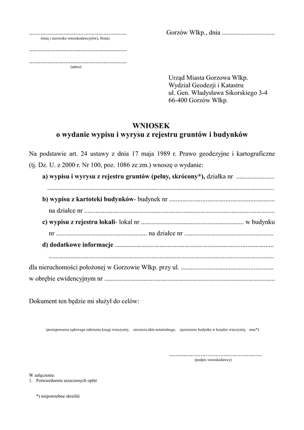 WWWEGB-Gorz (archiwalny) Wniosek o wydanie wypisu i wyrysu z rejestru gruntów i budynków Gorzów Wielkopolski