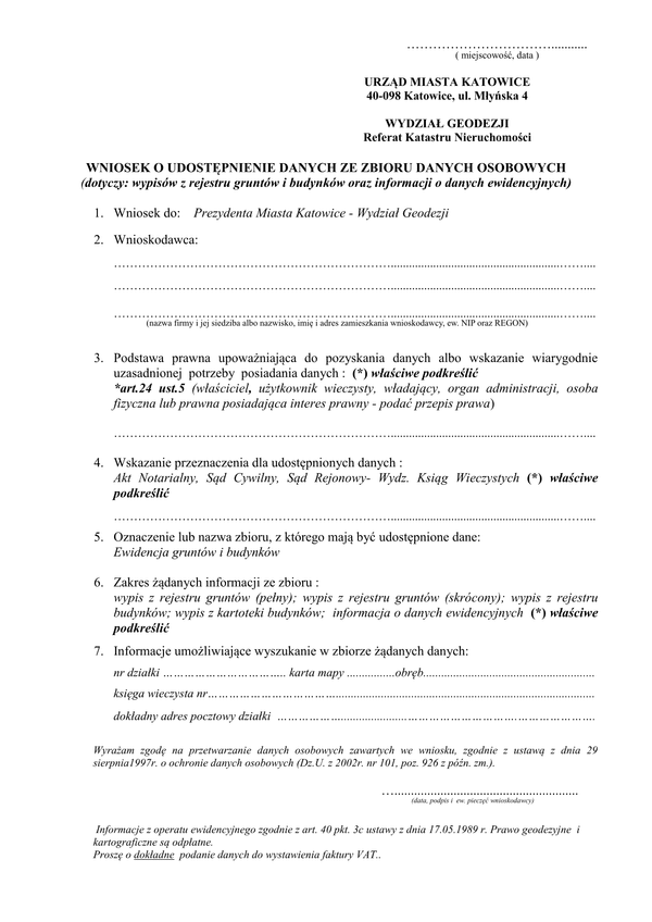 WWWEGB-Kat (ud) (archiwalny) Wniosek o udostępnienie danych ze zbioru danych osobowych kierowany do Wydziału Geodezji Katowice