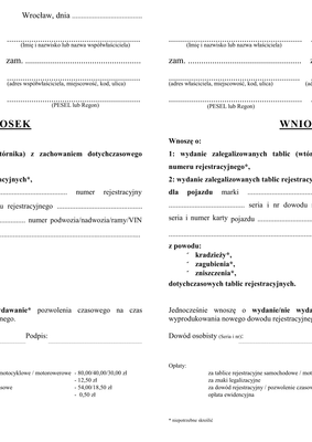 WoWZT-Wr(m) Wniosek o wydanie zalegalizowanych tablic (wtórnika) z zachowaniem dotychczasowego numeru rejestracyjnego/wydanie zalegalizowanych tablic rejestracyjnych  Wrocław