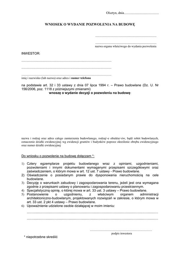 WoWPB-Ol (archiwalny) Wniosek o wydanie pozwolenia na budowę Olsztyn
