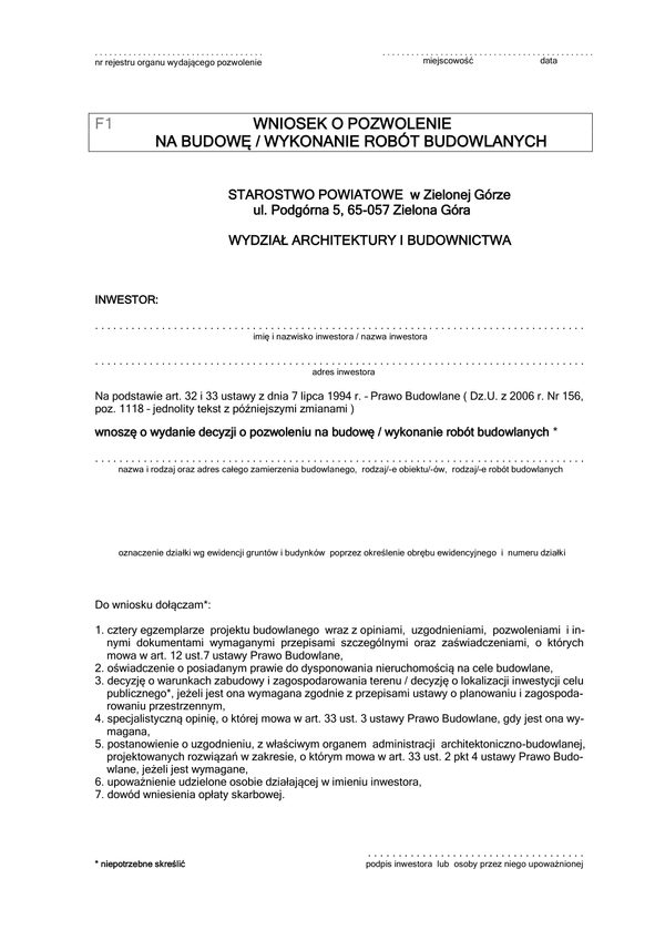 WoWPG-ZG(P) (archiwalny) Wniosek o pozwolenie na budowę powiat Zielona Góra