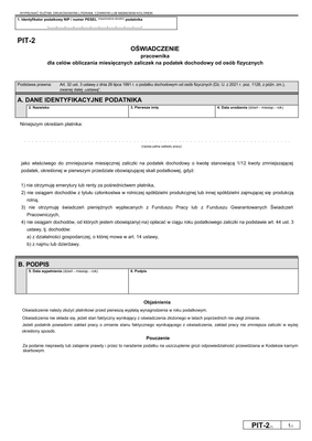 PIT-2 (7) (archiwalny) (2022) Oświadczenie pracownika dla celów obliczania miesięcznych zaliczek na podatek dochodowy od osób fizycznych 