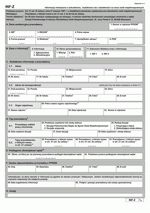 PFRON INF-Z (archiwalny) Informacja miesięczna o zatrudnieniu, kształceniu lub o działalności na rzecz osób niepełnosprawnych