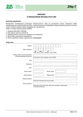 ZUS ZNp-7  (archiwalny) Wniosek o świadczenie rehabilitacyjne - wersja papierowa