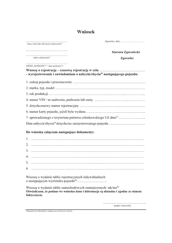 WoRWZP-Zgorz (archiwalny) Wniosek o rejestrację, czasową rejestrację, wyrejestrowanie i zawiadomienie o pojeździe Zgorzelec