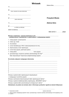 WoRWZP-ZG (archiwalny) Wniosek o rejestrację, czasową rejestrację, wyrejestrowanie i zawiadomienie o pojeździe Zielona Góra