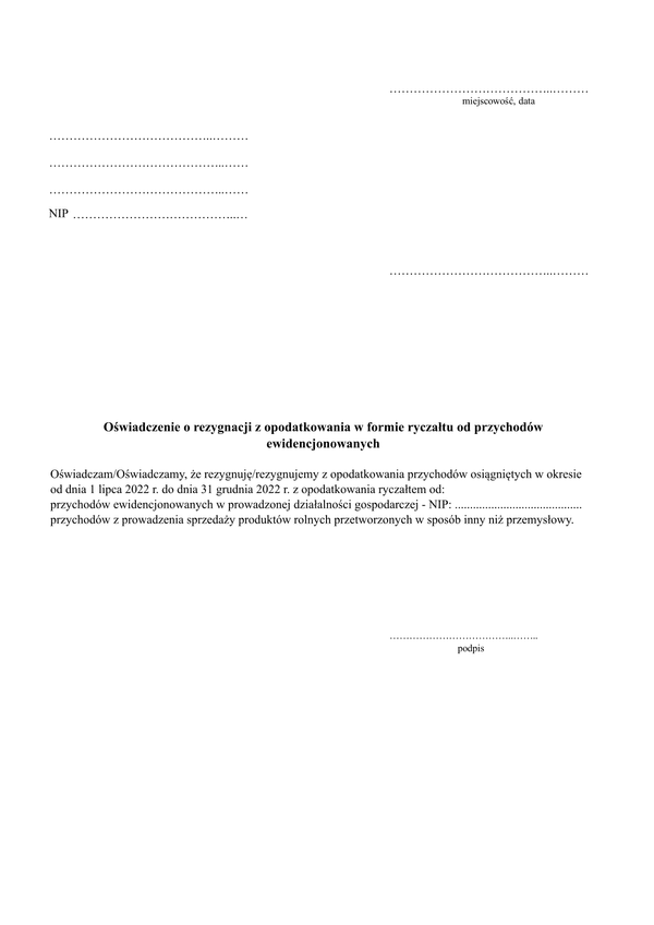 OoRR (archiwalny) Oświadczenie o rezygnacji z opodatkowania w formie ryczałtu od przychodów ewidencjonowanych