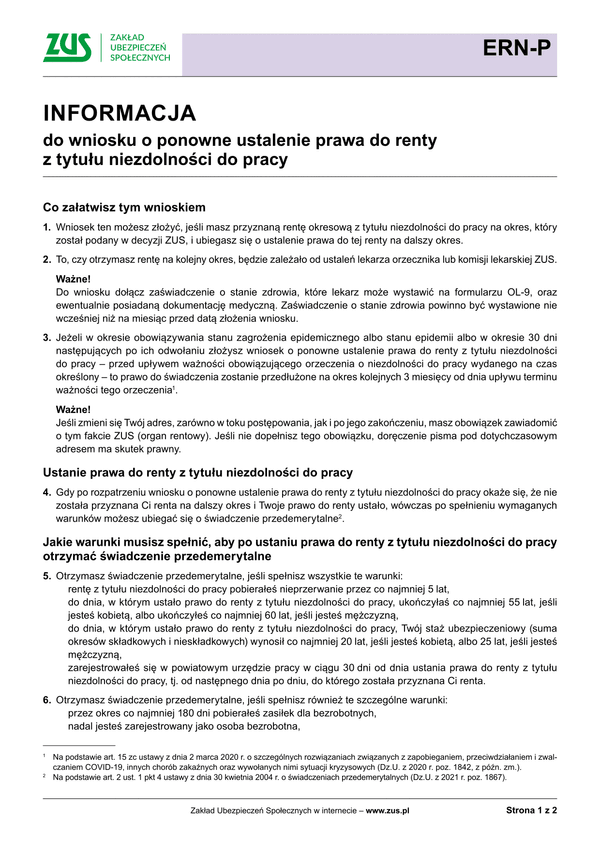 ZUS ERN-P inf (archiwalny) Informacja do wniosku o ponowne ustalenie prawa do renty z tytułu niezdolności do pracy