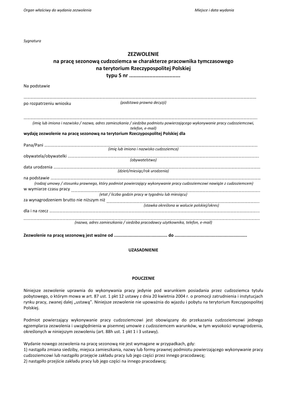 ZnPSC Zezwolenie na pracę sezonową cudzoziemca w charakterze pracownika tymczasowego na terytorium Rzeczpospolitej Polskiej