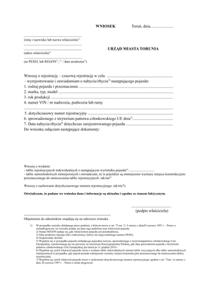 WoRWZP-T Wniosek o rejestrację, czasową rejestrację, wyrejestrowanie i zawiadomienie o pojeździe Toruń