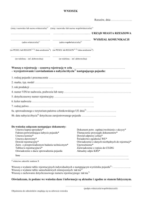 WoRWZP-Rz Wniosek o rejestrację, czasową rejestrację, wyrejestrowanie i zawiadomienie o pojeździe Rzeszów