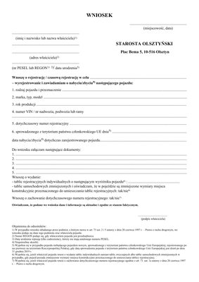 WoRWZP-Ol Wniosek o rejestrację, czasową rejestrację, wyrejestrowanie i zawiadomienie o pojeździe Olsztyn