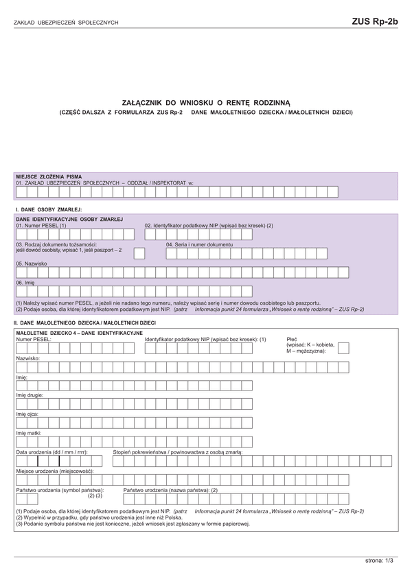 ZUS Rp-2b (archiwalny) Załącznik do wniosku o rentę rodzinną (część dalsza z formularza ZUS Rp-2 III. Dane małoletniego dziecka / małoletnich dzieci)
